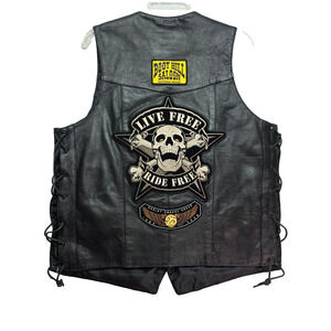 Open Road Leather Biker Vest Black Ride Free Skull Embroidery Lace-Side - Medium